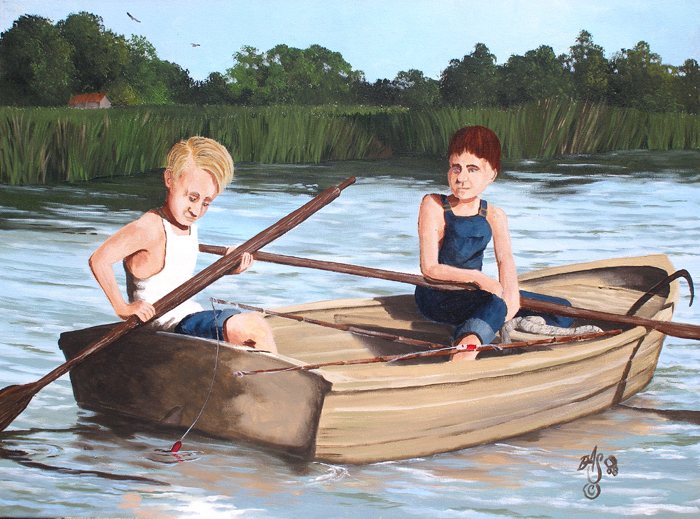 Always a Good Day — original painting by John: two boys fishing from a rowboat