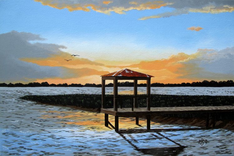 Serenity — original painting by John: a covered dock reaching into still marsh water at dusk